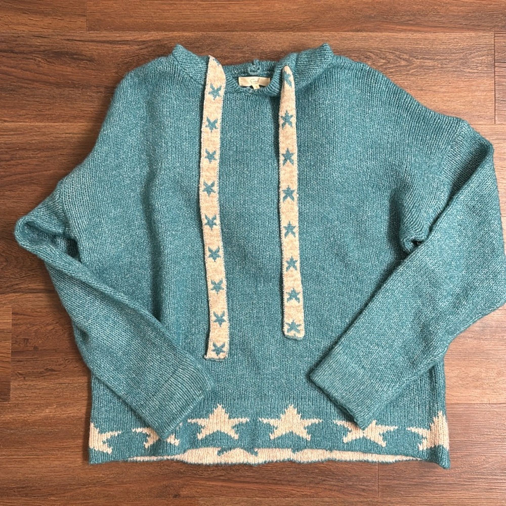 easel Teal Knit Hoodie with Cream Star Trim